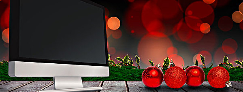 合成效果,图像,四个,红色,圣诞球,装饰,电脑合成,灰色,厚木板