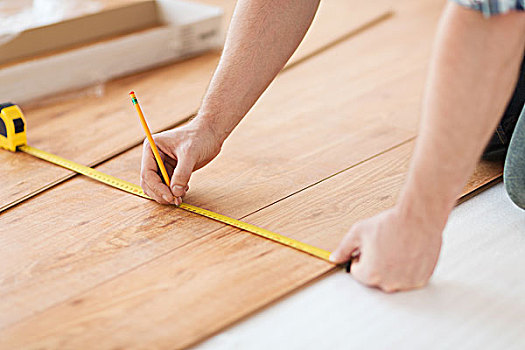 修理,建筑,家,概念,特写,男性,手,测量,木地板