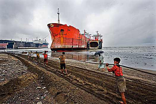 工人,拉拽,线缆,船,院子,孟加拉,八月,2008年,商务,展示,海滩,湾