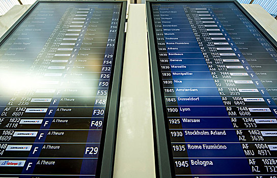 航行信息板,到达,展示,飞行,航班时刻,机场,通行,区域,等候区,塞纳与马恩省,巴黎,法国