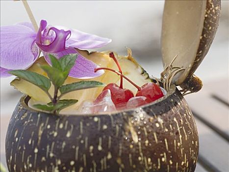 椰子,饮料,菠萝,开胃樱桃,兰花