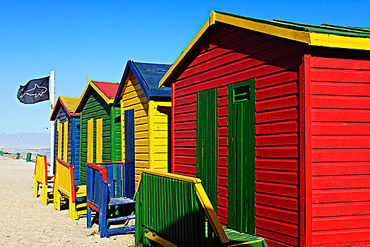 彩色,海滩,屋舍,鲨鱼,旗帜,福尔斯湾,西海角,南非,非洲