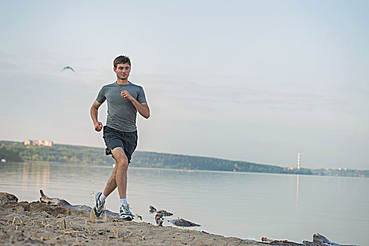 男人,运动员,跑步,跑,海滩,慢跑,锻炼,健康,概念