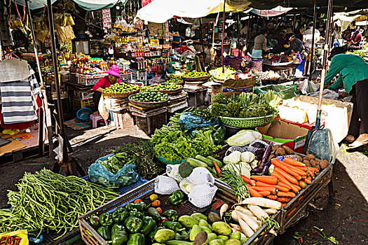 蔬菜,水果摊,市场,柬埔寨,亚洲