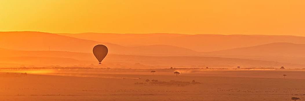 热气球,上方,非洲,大草原,橙色,亮光,日出,小路,灰尘,仰视,卡车,地上,肯尼亚