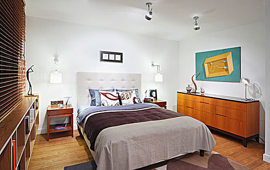 双人床,软垫,床头板,靠近,餐具柜,现代,卧室