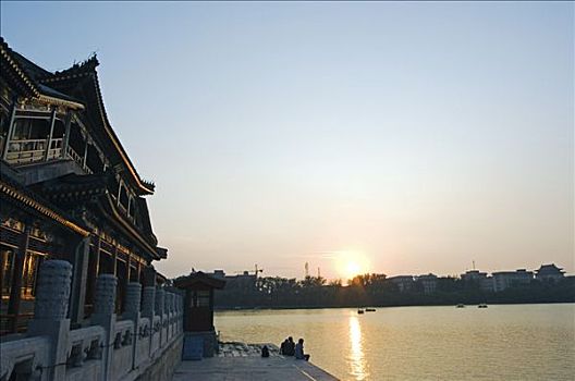 中国,北京,北海公园,日落,湖
