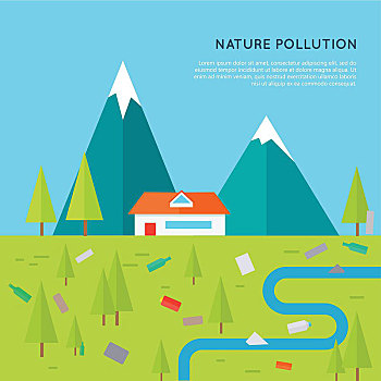 自然,污染,概念,矢量,公寓,设计,插画,山景,房子,树,河,塑料制品,玻璃,纸,垃圾,人,影响,环境