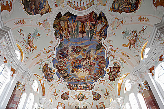 天花板,壁画,圣母教堂,教堂,我们,女士,区域,斯瓦比亚,巴伐利亚,德国,欧洲