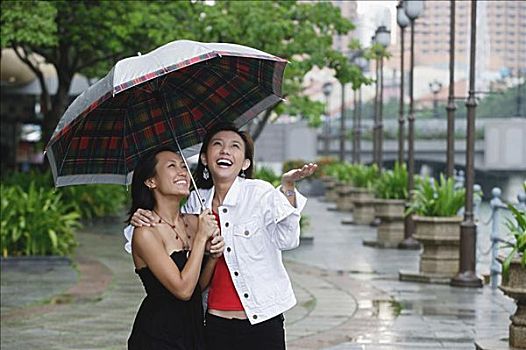 两个女人,站立,伞,微笑