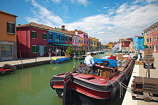 欧洲,意大利,布拉诺岛,鲜明,彩色,家,运河,男人,递送,供给