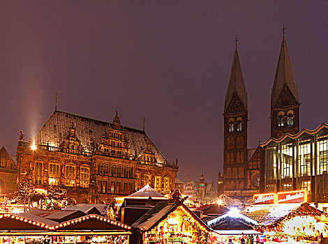 老市政厅,大教堂,圣诞市场,市场,黄昏,不莱梅,德国