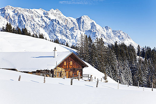 积雪,山,小屋,山峦,背景,奥地利