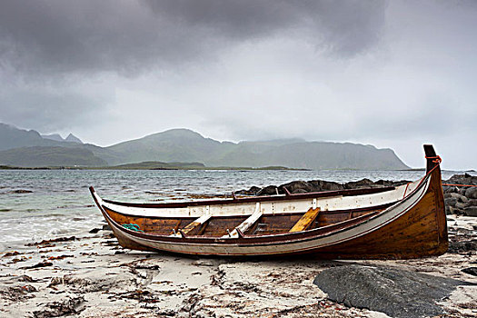 船,沙,海滩,雨,罗浮敦群岛,挪威,斯堪的纳维亚,欧洲
