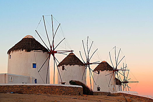 风车,日落,著名地标,米克诺斯岛,希腊