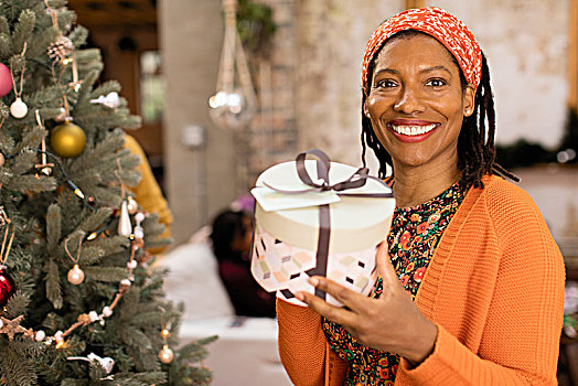 头像,微笑,自信,女人,拿着,礼物,靠近,圣诞树