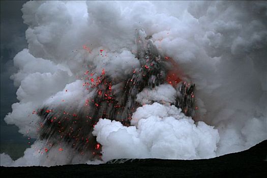 气体,云,爆炸,基拉韦厄火山,火山岩,水,太平洋,海洋,卡拉帕那,夏威夷大岛,夏威夷,美国