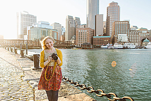 美女,摄影师,码头,头像,波士顿,马萨诸塞,美国