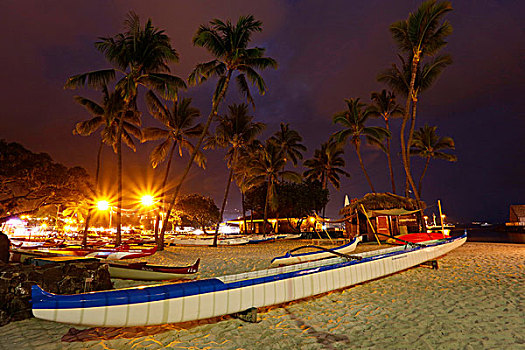 舷外支架,独木舟,海滩,夜晚,夏威夷,夏威夷大岛,美国