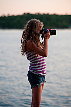 女孩,摄影,数码相机,湖,木头,安大略省,加拿大