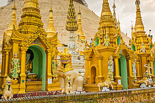 缅甸,仰光,大金塔,佛,庙宇,监护人,围绕,佛塔