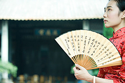美女,穿,传统,中国人,衣服,拿着,扇子,仰视