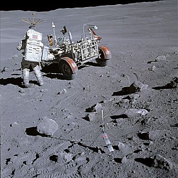 后视图,宇航员,走,靠近,月球车,月亮,阿波罗16号