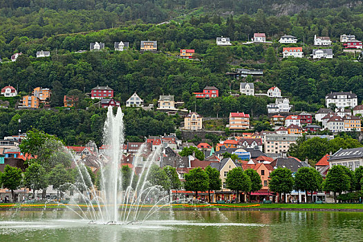喷泉,风景,湖,卑尔根,挪威