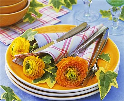 黄色,毛茛属植物,餐巾,餐具