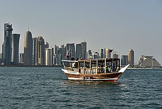 木船,正面,摩天大楼,天际线,多哈,卡塔尔,亚洲