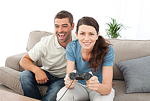 女人,肖像,玩,电子游戏,男朋友,客厅