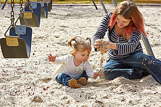 母女,玩,沙子,乐趣,公园,操场