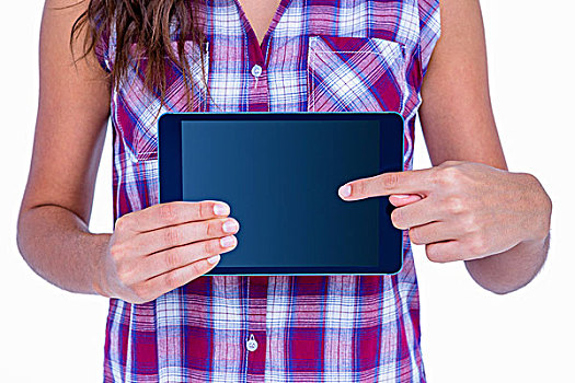 女人,接触,平板电脑,手指,白色背景,背景