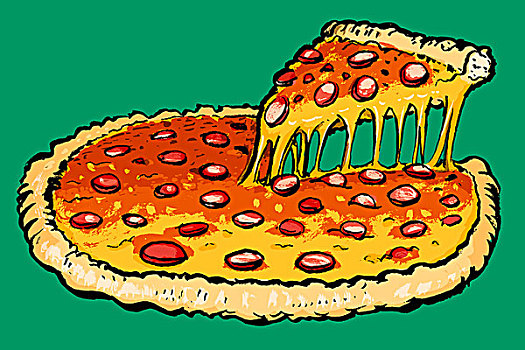 插画,新鲜,比萨饼,绿色背景