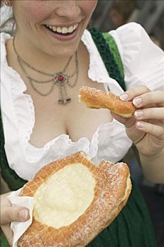 女人,吃,输入,油炸圈饼