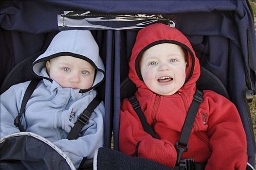 老,双胞胎,男孩,坐,婴儿车,冬天