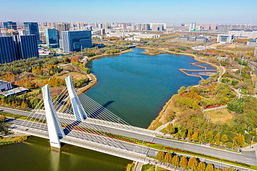 航拍河南郑州中原龙子湖智慧岛,龙子湖湖心岛