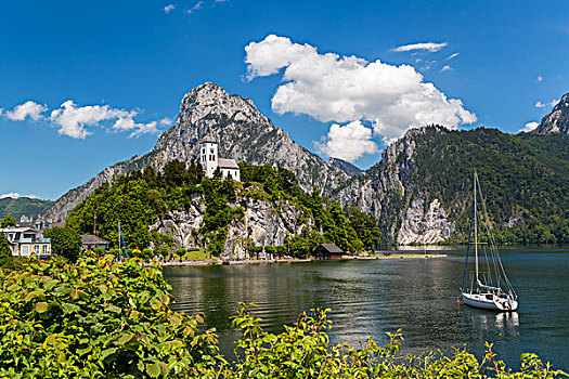 教堂,远眺,特劳恩湖,湖,上奥地利州,奥地利