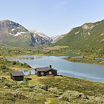 斯堪的纳维亚,挪威,风景,山,湖,房子