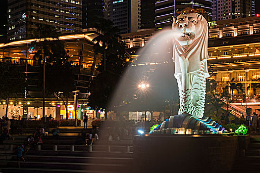 鱼尾狮,夜晚,新加坡,亚洲