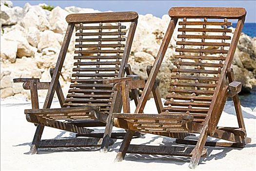 两个,折叠躺椅,海滩,坎昆,墨西哥