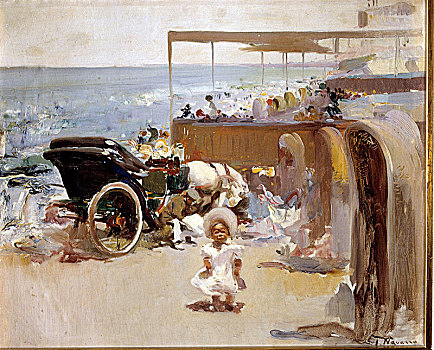 马车,孩子,海滩,油画