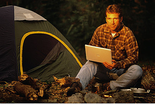 坐,帐蓬,营地,笔记本电脑