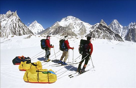 滑雪者,乔戈里峰,后面,巴尔托洛,冰河,连通,喀喇昆仑山,巴基斯坦