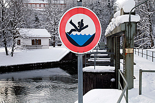 警告标识,危险,淹没,冬天,运河,上巴伐利亚,巴伐利亚,德国,欧洲