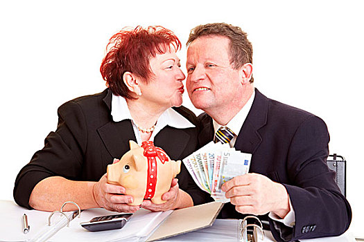 老年,女人,存钱罐,吻,丈夫,欧元,货币