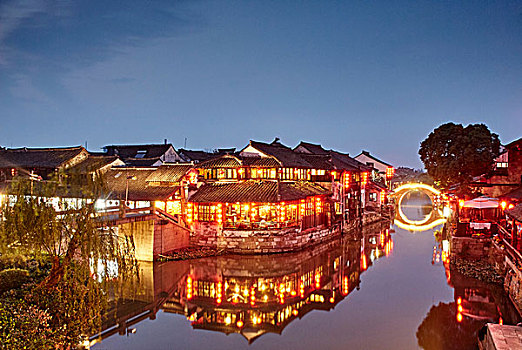水系,传统建筑,夜晚,西塘,浙江,中国
