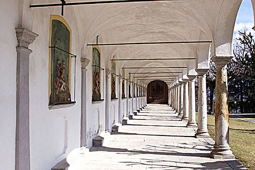壁画,柱廊,朝拜,教堂,蒙特卡罗,湖,马焦雷湖,意大利,欧洲