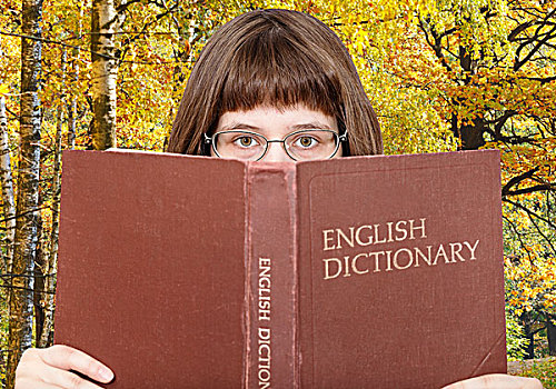 女孩,看,上方,英文,字典