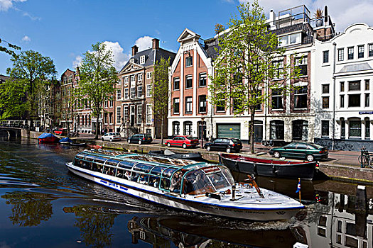 游船,老,运河,房子,反射,水,阿姆斯特丹,荷兰,欧洲